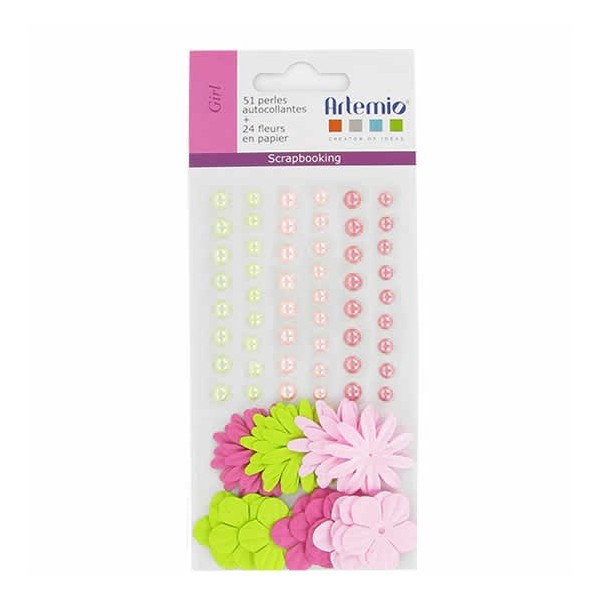 Cuentas planas y flores de papel, rosa-verde