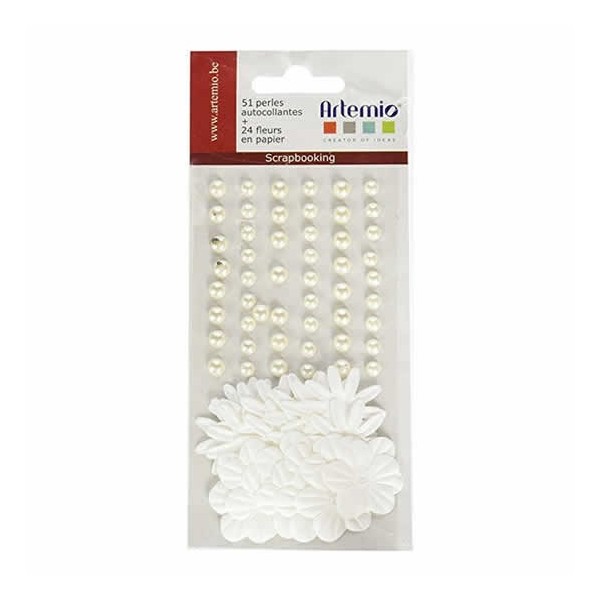 Plastik-Halbperlen unde Papierblumen, weiss