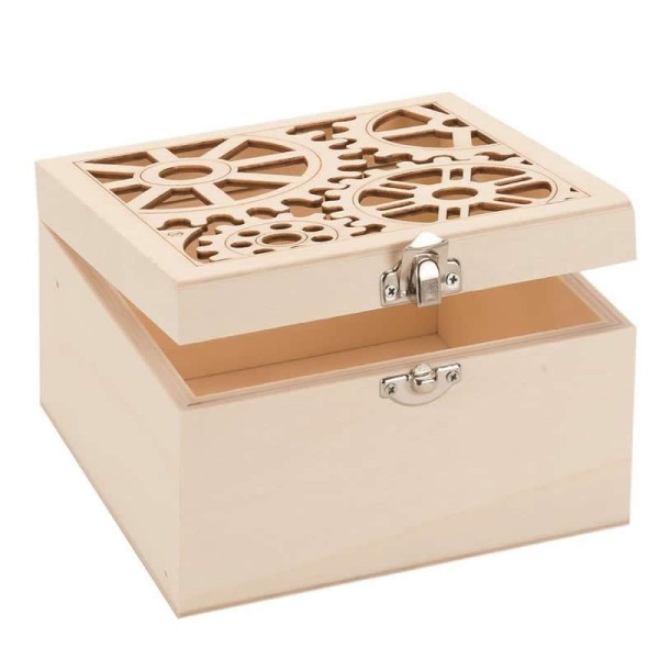 Boîte en bois avec découpe steampunk 14.8x14.8x9cm