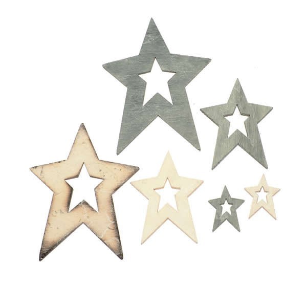 Estrelas de madera, natural y gris, 12 pz