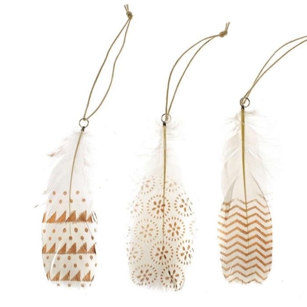 Printed feathers, white-gold, 3 pcs