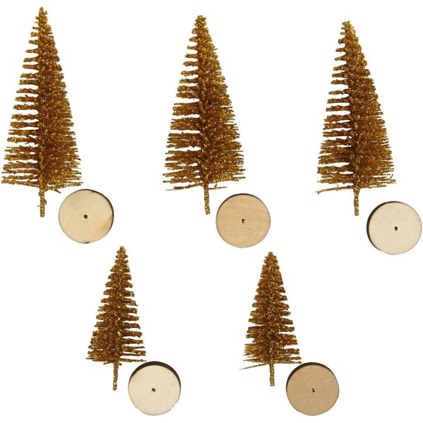 Weihnachtsbaüme Holzsockel, gold, 5 Stk