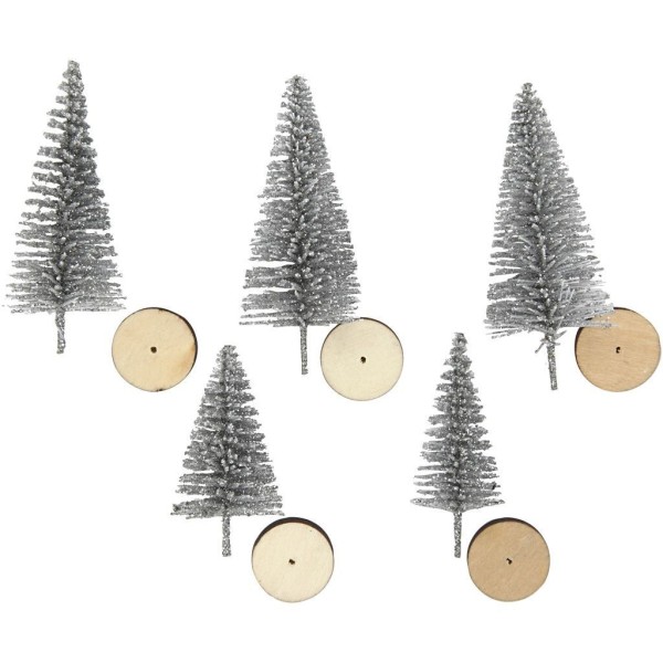 Sapins avec socle en bois, argent, 5 pcs