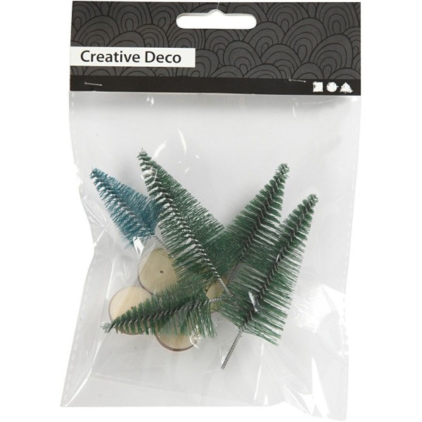 Sapins avec socle en bois, vert, 5 pcs