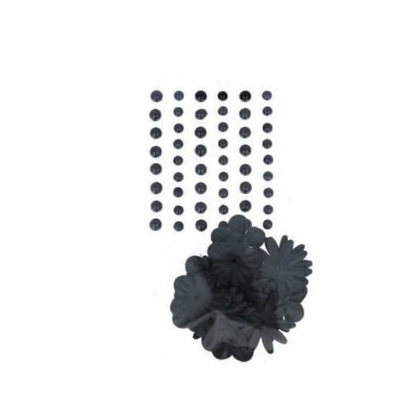 Adhesive half pearls and paper flowers, black