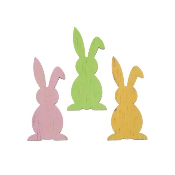 Lapins en bois vert/rose/jaune, 5.5cm, 6 pces