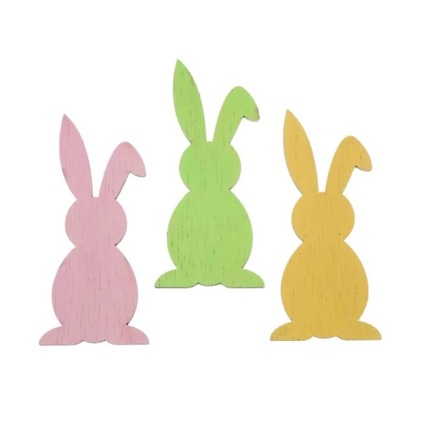 Conejos de madera, rosa/amarillo/verde, 7cm, 6 pz