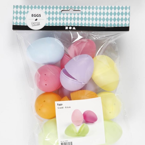 Coloured plastic eggs, 60mm, 12 pcs