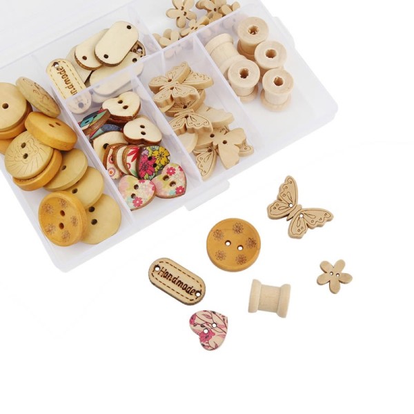 Assortiment de boutons en bois, 62 pcs