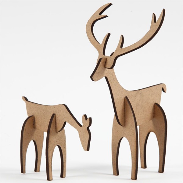 3D MDF Reindeers, H 5+12,5 cm, L 6,5+8 cm, 1 set