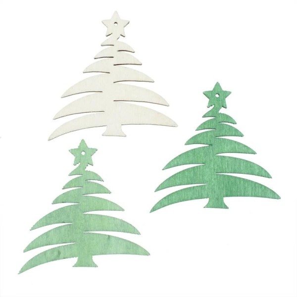 Sapins en bois blanc / vert / vert clair, 12 pcs