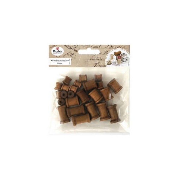 Wooden spools, dark brown, assorted, 24 pcs