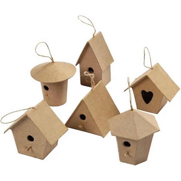 Mini nichoirs en papier mâché, H 7cm, 6 pcs