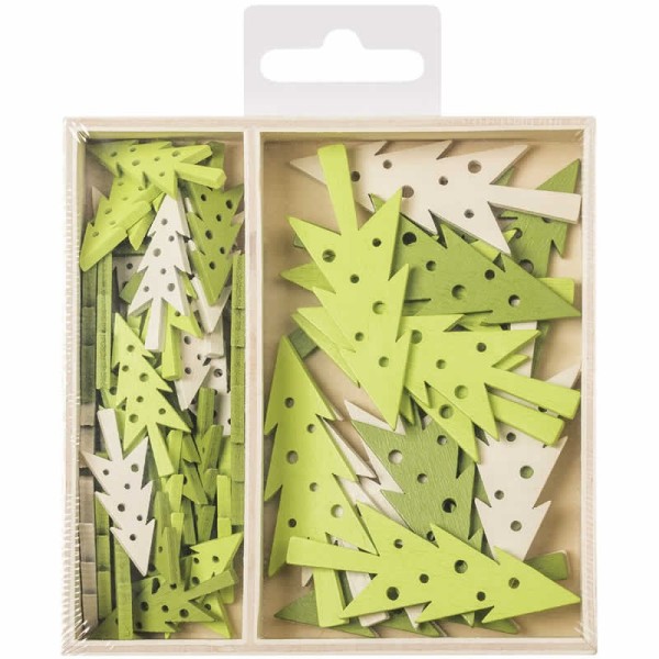 Boîte ornements en bois sapins 3.5-6cm, 54 pcs