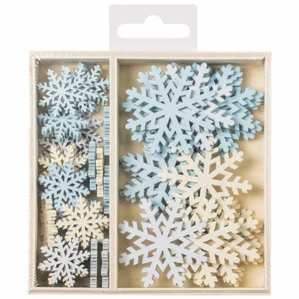 Wood ornament box Snowflake, 2.2-4cm, 54 pcs