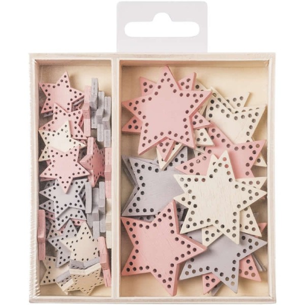 Wood ornament box Stars, 2.3-4.2cm, 54 pcs