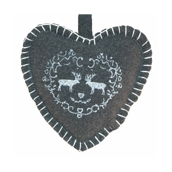 Felt heart grey with reindeer 11cm