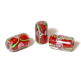 Perle artisanale d'Inde, en verre, 15x8mm, cylindre, rouge, 1 pce
