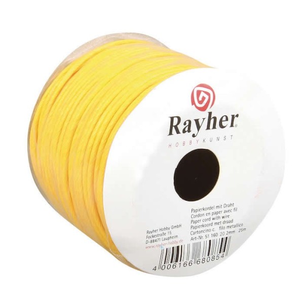 Cordón de papel con alambre, 2mm/25m, amarillo