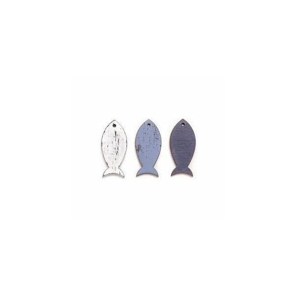 Poissons en bois, bleu/blanc, 4cm, 6 pcs