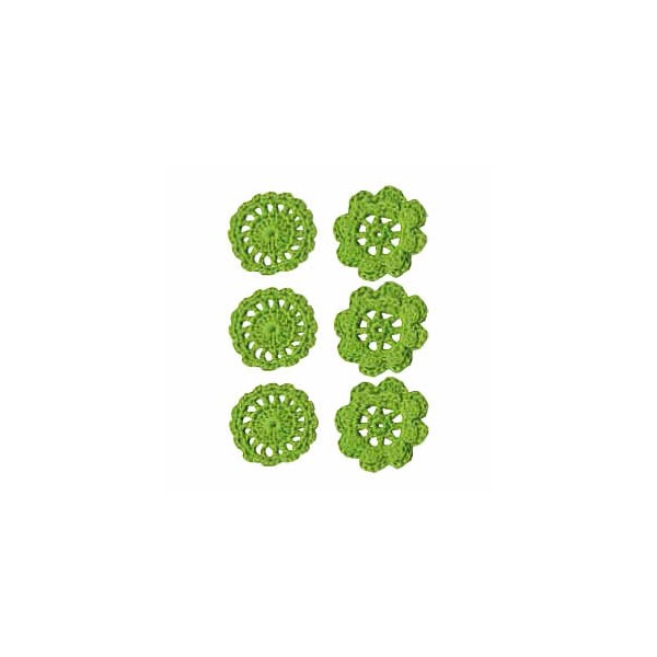 Flores de ganchillo verde, 4cm, 6 pzas