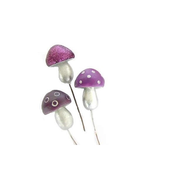 Champignons funky sur tige, mix violet, 5cm, 3 pièces