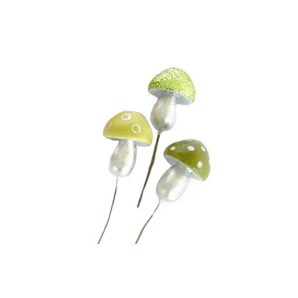 Champignons funky sur tige, mix vert, 5cm, 3 pièces