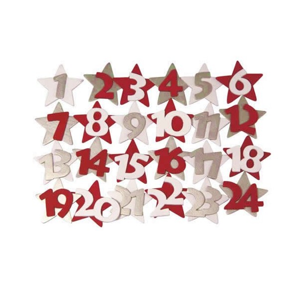 Wooden numbers from 1 to 24, silver / red