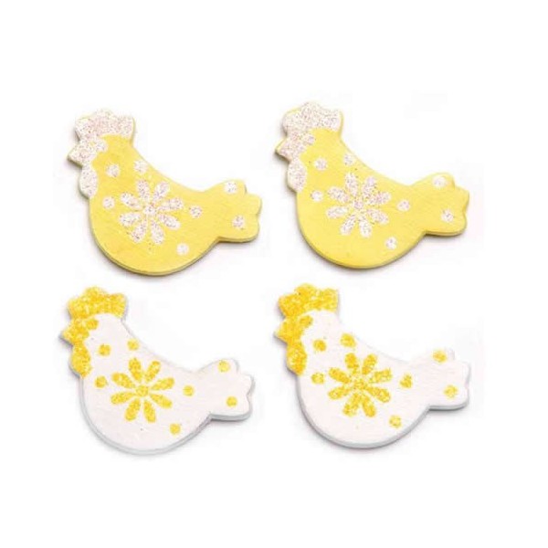 Wooden hens, white/yellow, 3cm, 9 pcs