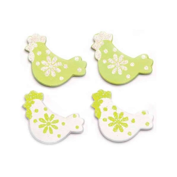 Wooden hens, white/green, 3cm, 9 pcs