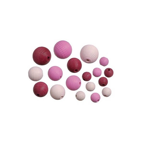 Holzperlen gerillt, pink-mix, 10-20mm, 22 Stk