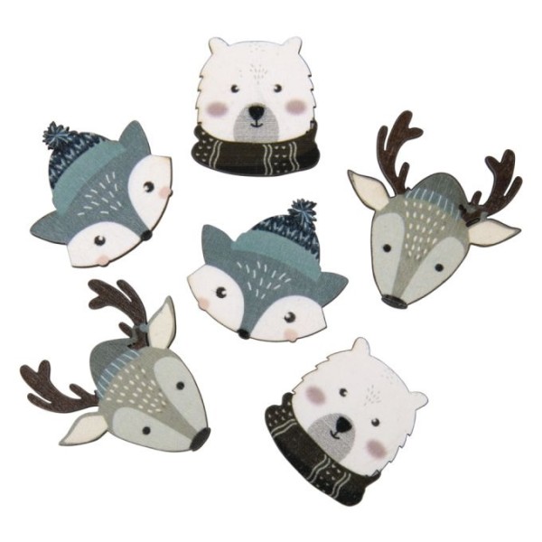 Wood shapes Bear, Fox, Deer - 3,8-5cm, 6 pcs