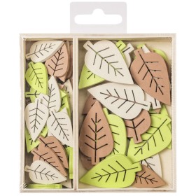 Boîte ornements en bois feuilles 30-45 mm, 54 pcs
