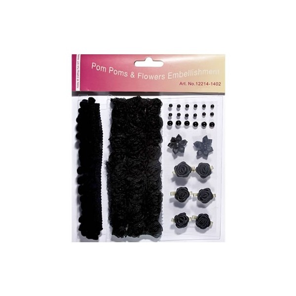 Pom poms & Flowers Embellishment, negro
