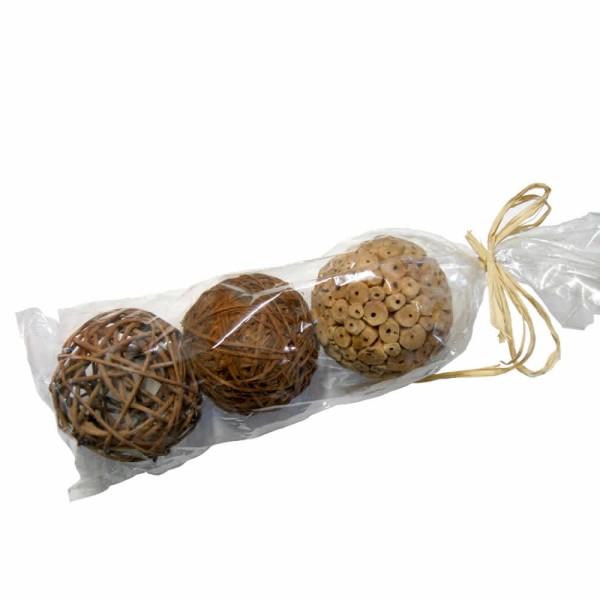 Lot de 3 boules décoratives en rotin, bois et fibres végétales, Ø 10 cm