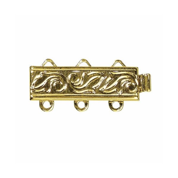 3-Strand Clasp, 6x18.8mm, 24 carat gold plated