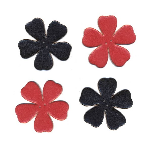 Leather flowers, red-black, 4 pcs