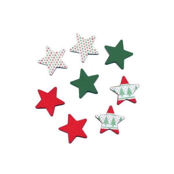 Wooden Stars, green-red, 4cm, 8 pcs