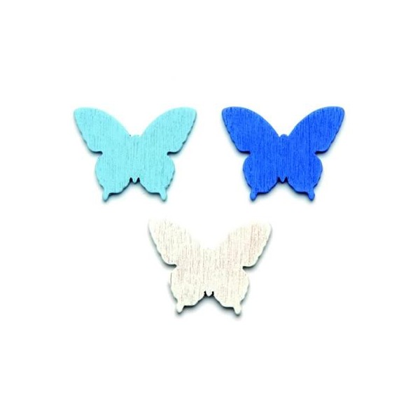 Papillons en bois, 3cm, bleu/blanc, 12 pcs