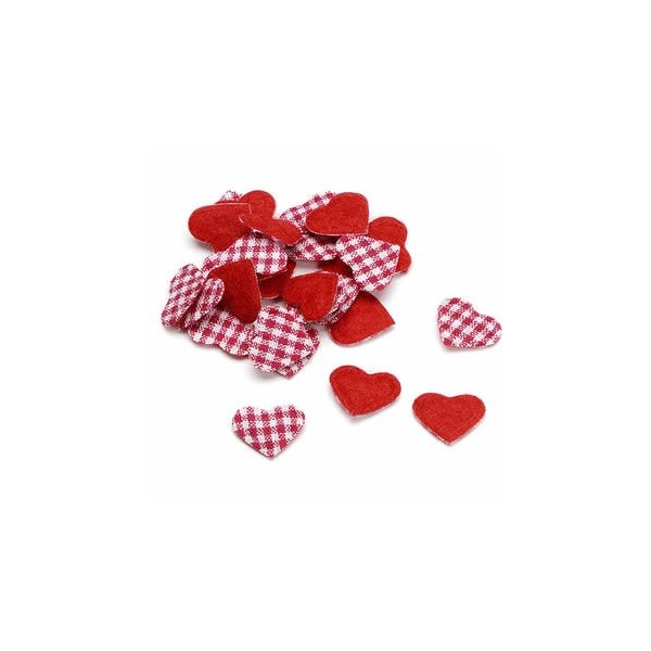 Coeurs en tissu rouge/vichy, 1.5cm, 48 pcs