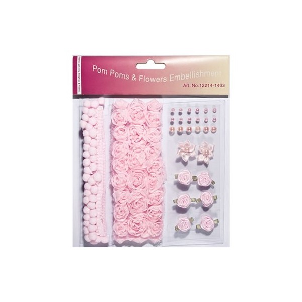 Pom poms & Flowers Embellishment, pink