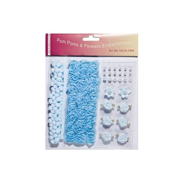 Pom poms & Flowers Embellishment, bleu