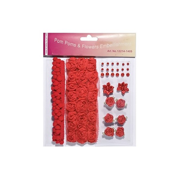 Pom poms & Flowers Embellishment, rouge