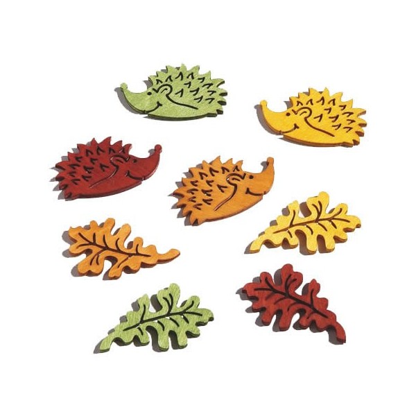Wooden Hedgehogs and leaves, 4.5cm, 8 pcs