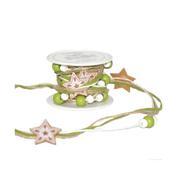 Guirlande étoiles avec corde et perles, 2m, vert