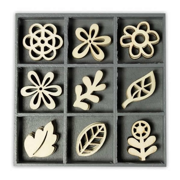 Elements déco en bois : fleurs et feuilles