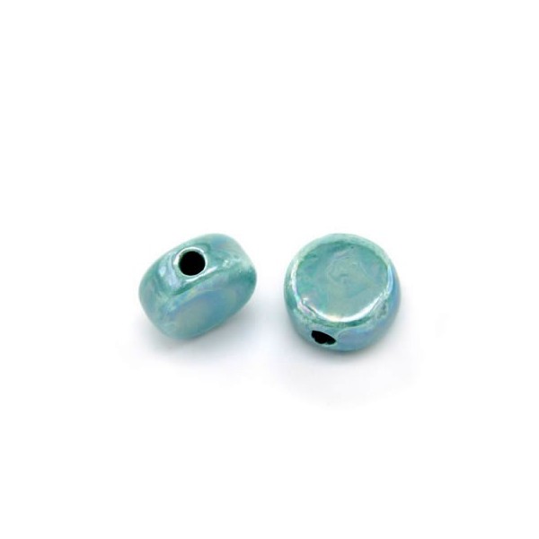 Flat ceramic bead Ø12x7mm, aqua, 5 pcs