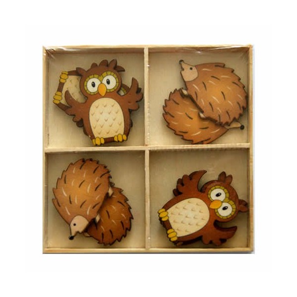 Wooden owls and hedgehogs 45mm, 8 pcs