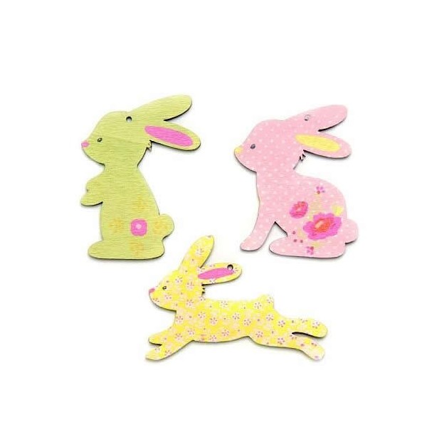 Lapins en bois rose/vert, 4cm, 6 pcs