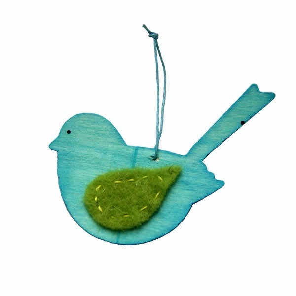 Oiseau en bois avec attache, 12cm, turquoise